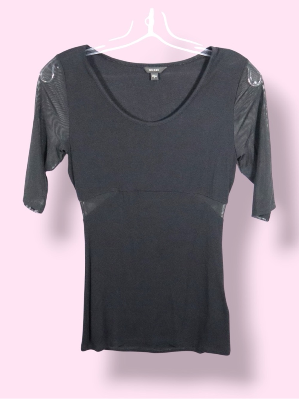 Guess Top Women’s Size Small Black Sheer Sleeve Stretch Tee